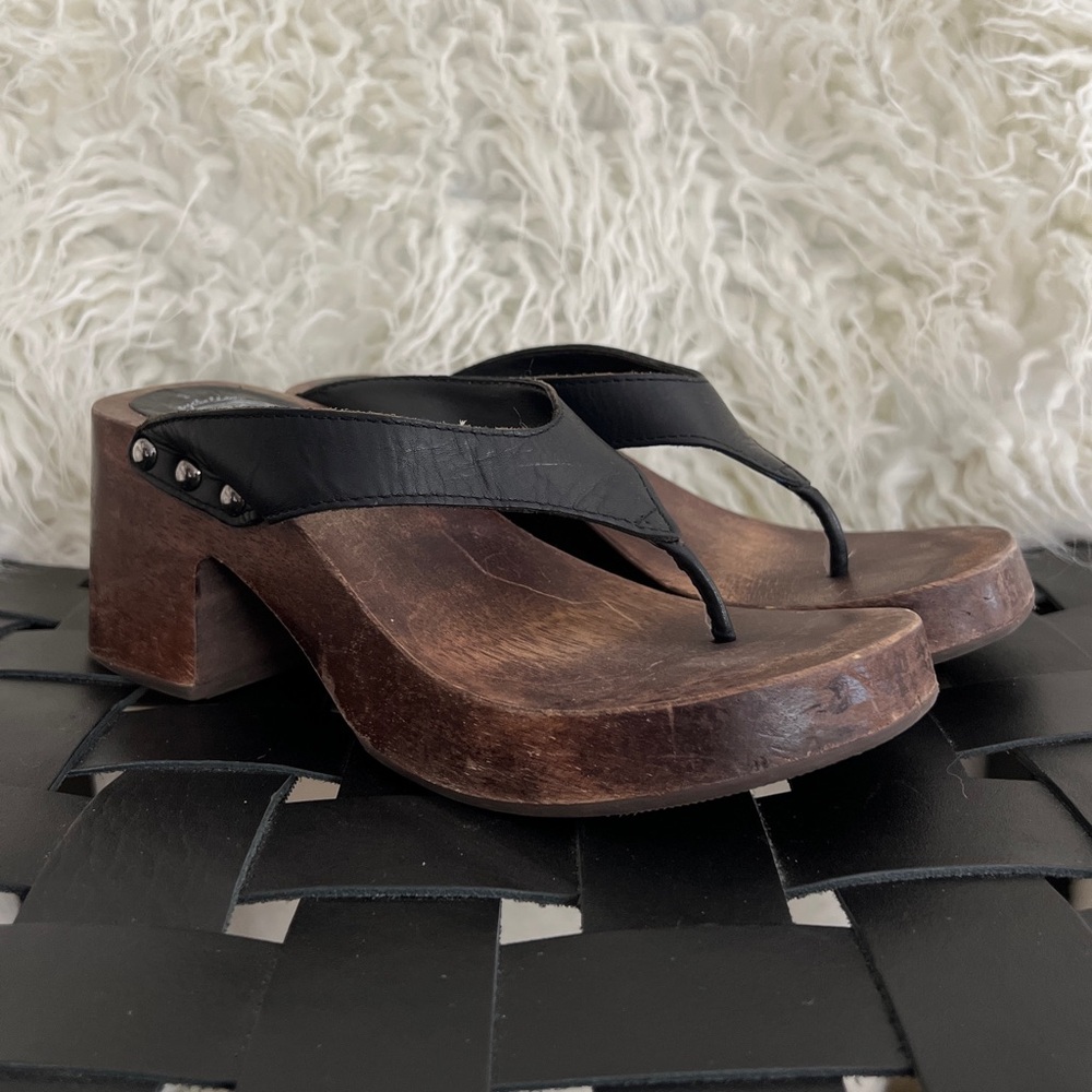 90s Black Leather & Brown Wooden Platform Sandals